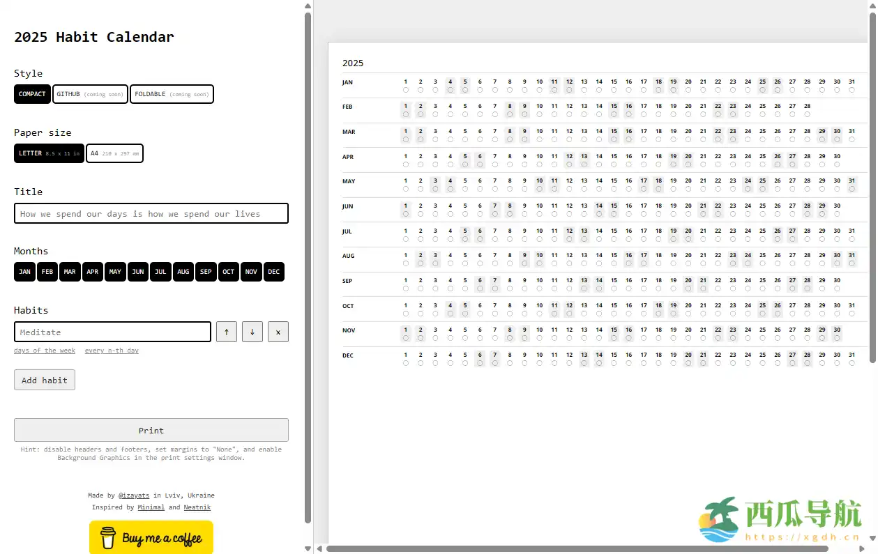 可编辑打印的2025年习惯追踪日历工具:2025 Habit Calendar