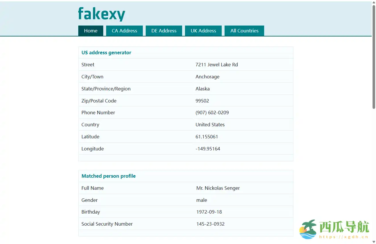 在线虚拟美国地址生成工具：Fake XY