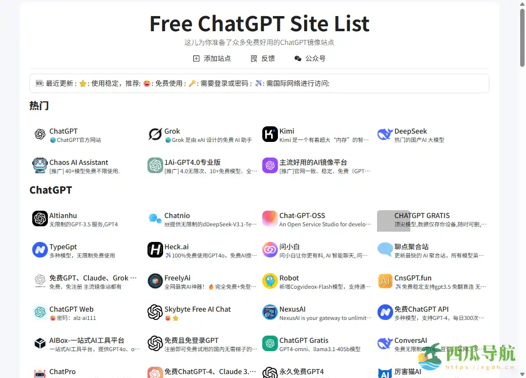 提供多类标签筛选与站点汇总的 ChatGPT 镜像导航：Free ChatGPT Site List